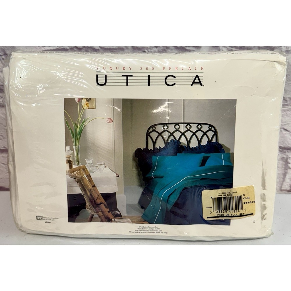 Vintage Utica Luxury Percale Full Size Sheet Set White 200 Thread Count 4 Pieces